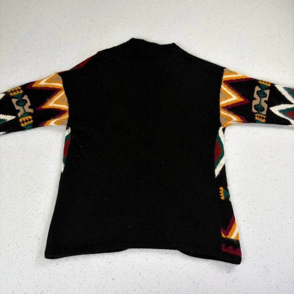Vintage Southwest Aztec Blanket‎ Cardigan Sweater Black Geometric Chunky Knit M